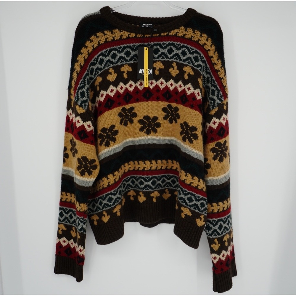 Minga‎ London Mushroom Fair Isle Knit Sweater Brown Multi 3XL NEW Grandpacore